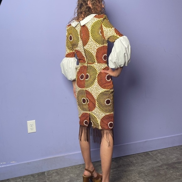 Vintage 70’s Homemade Puff Sleeve Collared Dress in Brown Orange Yellow Size S - Picture 2 of 4